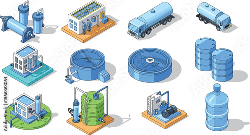 Isometric water treatment plant, storage tanks, tanker trucks and industrial filtration equipment illustration set for utilities, wastewater processing, purification and infrastructure systems