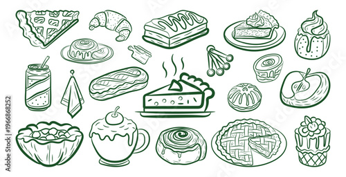 Hand Drawing line art Apple pie autumn dessert icon or elements vector illustration set, Editable unique line art Apple pie autumn dessert illustration