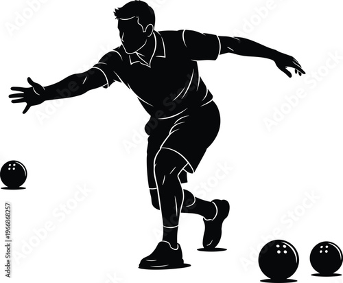 Silhouette of player rolling ball in lawn bowling or bocce sport, dynamic posture, precision, balance, leisure activity, competitive outdoor game illustration