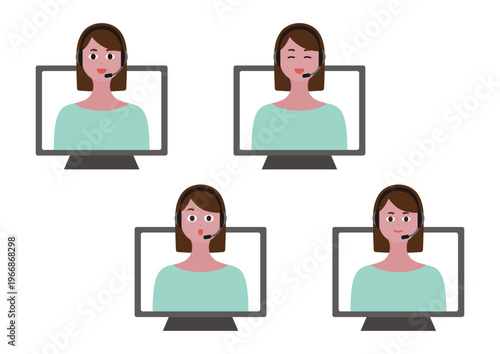 ビデオ通話で説明をする女性オペレーターの表情４種類ベクターイラスト素材セット／笑顔・驚く（ブルー・ボブヘア）