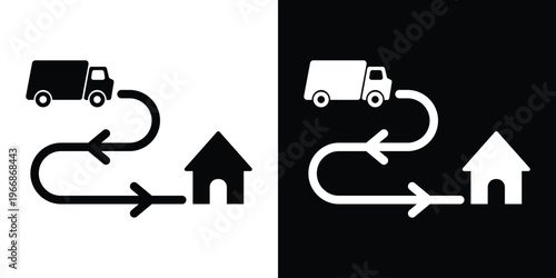 S-shaped path icon with arrows connecting online delivery van  and  residential houses. Symbolizes neighborhood navigation, real estate location, home-to-home delivery, and community planning.