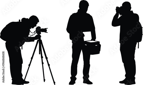 Silhouettes of photographers with tripod, camera, and equipment case, capturing creative photography work, dynamic poses, professional hobby, artistic photo illustration concept