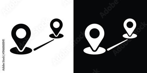 Vector illustration featuring two map pin location markers connected by a path line. Clean black and white icon set representing navigation, destination tracking, and logistics mapping.