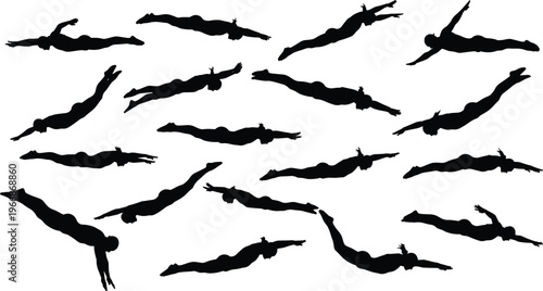 Swimming silhouette collection featuring divers and swimmers in various poses underwater or at the surface isolated on white background for creative design
