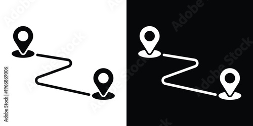 Minimalist curved road icon connecting two map pins. Symbol for A to B navigation, travel distance, and simple location tracking for apps and web UI design.
