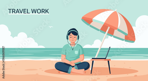 A serene individual finds peace and productivity while working remotely on a sun-drenched beach, embracing the freedom of a digital nomad lifestyle.