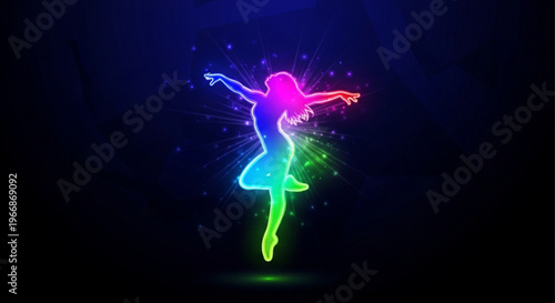 Woman dancing with vibrant neon glow in dark background colorful illustration for music art and entertainment concepts