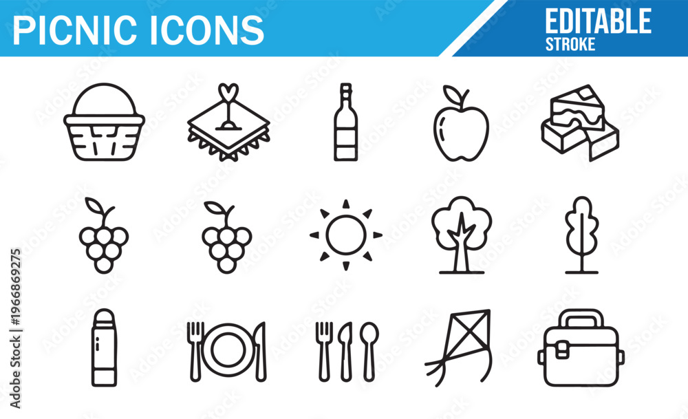Fototapeta premium Clean minimal picnic icon pack for food outdoor and travel themed designs