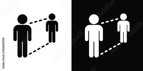 Flat vector icon depicting two male figures with dashed lines indicating safe distancing. Minimalist design for public health awareness, safety measures, and social distancing protocols.