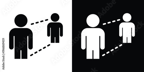 Flat vector icon depicting two male figures with dashed lines indicating safe distancing. Minimalist design for public health awareness, safety measures, and social distancing protocols.
