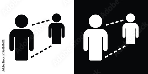 Flat vector icon depicting two male figures with dashed lines indicating safe distancing. Minimalist design for public health awareness, safety measures, and social distancing protocols.