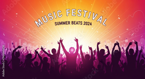 Vibrant music festival crowd silhouette with raised hands under colorful summer beats background