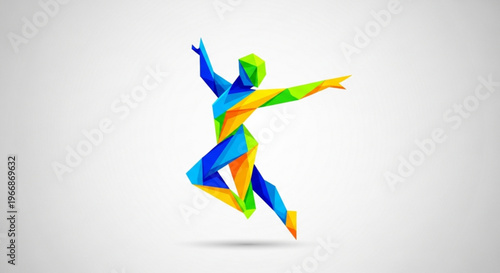 Vibrant multicolored human figure jumping dynamically with arms outstretched on gray background