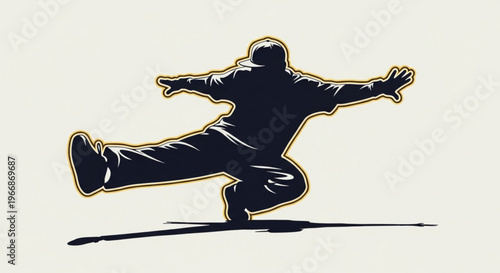 Man in dynamic breakdancing pose with outstretched arms and one leg extended black silhouette with yellow outline on light background