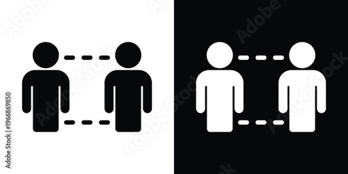 Flat vector icon of two male figures maintaining social distance with dashed line indicators. Minimalist black and white design representing safety protocols and physical distancing guidelines.