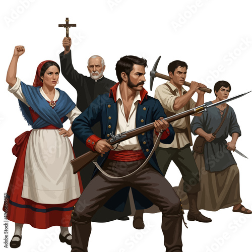 Historical illustration of people celebrating Madrid Community Day with weapons and tools
