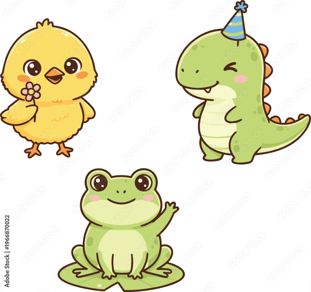 Obraz premium Cute vector illustration set featuring cartoon animal mascots including a yellow chick baby dinosaur and a green frog for kids design.