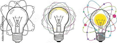Three lightbulbs depicting stages of an idea from concept to realization