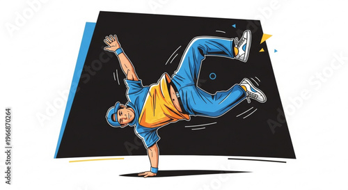 Breakdancer in blue and yellow outfit performing dynamic move on black background with motion lines