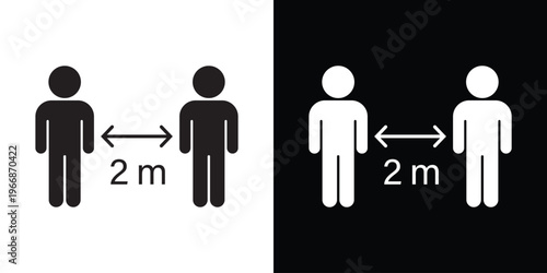 Social distancing icon showing two female figures separated by a 2-meter arrow. Essential vector graphic for public health safety, pandemic guidelines, and maintaining physical space in crowds.