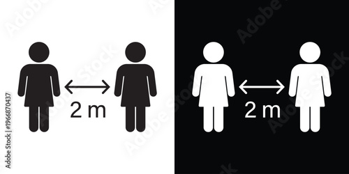 Social distancing icon showing two female figures separated by a 2-meter arrow. Essential vector graphic for public health safety, pandemic guidelines, and maintaining physical space in crowds.