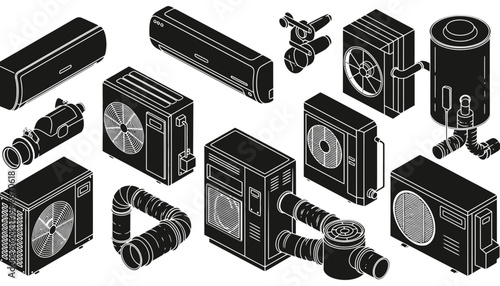 Air conditioner vector illustration with various components and accessories