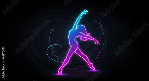 Woman dancing with neon pink and blue light trails on a dark background with swirling lines