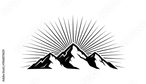 Mountain silhouette vector illustration with sunrise rays behind peaks