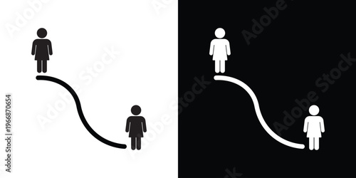 Conceptual vector icon featuring two figures connected by a curved path. Represents spatial relationship, social distancing, journey mapping, or hierarchy in a clean black and white layout.