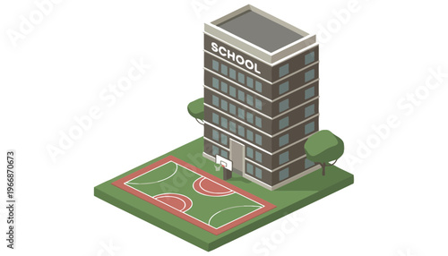 A school building with a basketball court on a green lawn
