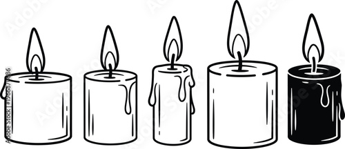 Five lit candles in a row varying heights and wax drip styles