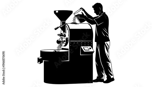 A coffee roaster silhouette illustration of a man working with a machine