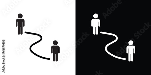 Conceptual vector icon featuring two figures connected by a curved path. Represents spatial relationship, social distancing, journey mapping, or hierarchy in a clean black and white layout.
