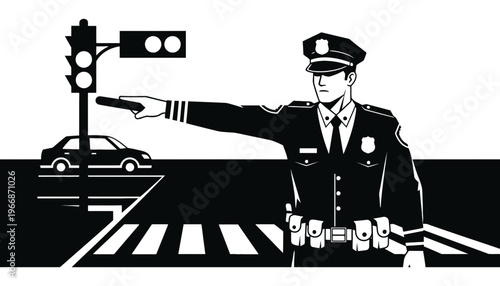 Police officer directing traffic with a hand signal at a crosswalk
