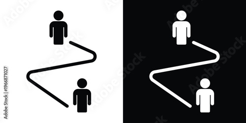 Conceptual vector icon featuring two figures connected by a curved path. Represents spatial relationship, social distancing, journey mapping, or hierarchy in a clean black and white layout.