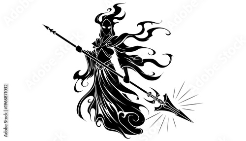 A witch vector silhouette illustration with a spear and cloak
