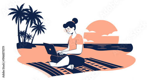 A focused woman productively works on her laptop from a serene tropical beach, embracing the flexible digital nomad lifestyle under a beautiful sunset.