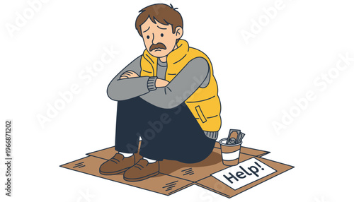A homeless man sitting on cardboard with a help sign illustration