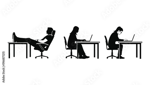 Office worker silhouette vector illustration of people working at desks