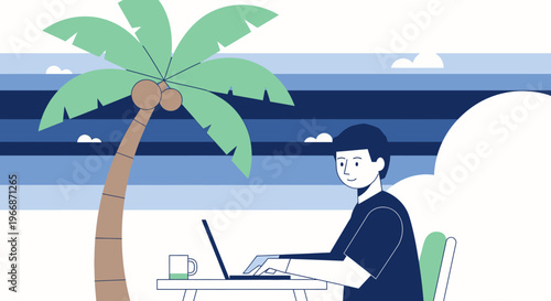 A young professional enjoys the freedom of remote work, typing on a laptop under a swaying palm tree by the tranquil blue ocean.