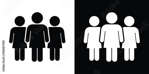 Vector icon depicting a group of three male figures standing together. Minimalist black and white design representing teamwork, a crowd, or a community of men in a clean, flat aesthetic.
