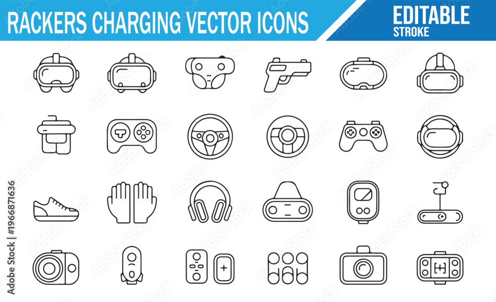 Fototapeta premium Charging and electronic accessories outline icons set isolated on white background