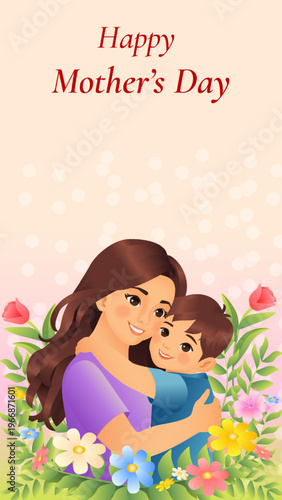 Happy Mothers day vertical vector illustration with loving mother hugging her son, surrounded by spring flowers and bokeh background with copy space.