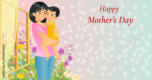 Happy Mothers day horizontal vector illustration with Asian mother holding son in front of window with flowers on bokeh background and copy space.