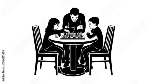 A chess silhouette illustration of a family playing together at a table