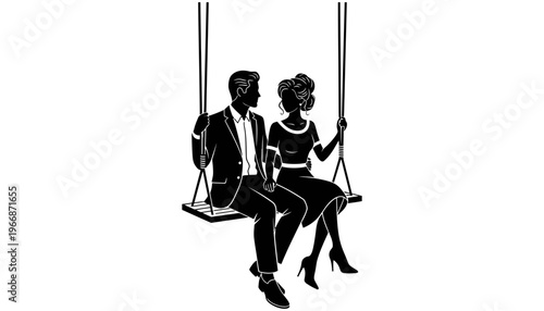 Couple silhouette illustration sitting on a swing in a romantic setting