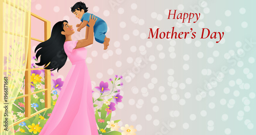 Happy Mothers day horizontal vector illustration with Indian mother holding baby in front of window with flowers on bokeh background and copy space.