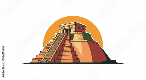 Ancient stone pyramid with sunlit ascent under an orange arc