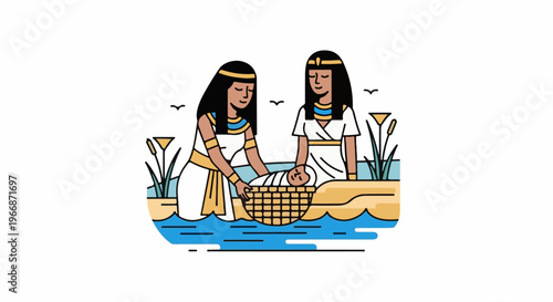 Ancient scene of two women near water with baby in basket
