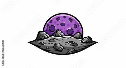 Cartoonish purple moon with craters rises over a rocky, gray surface